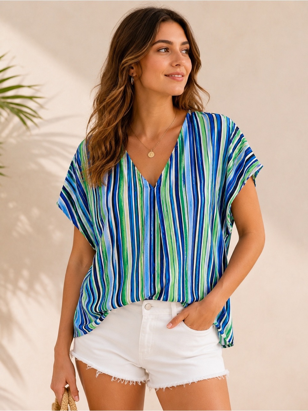 Liz Claiborne Woman 1X Blue Green Striped V-Neck Tunic Blouse